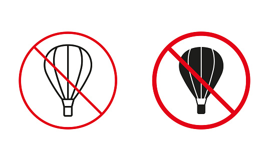 Air Balloon With Basket Not Allowed Road Sign. No Hot Air Ballon Circle Symbol Set. Hotair Baloon Prohibit Traffic Red Sign. Warning Line and Silhouette Icons. Isolated Vector Illustration.