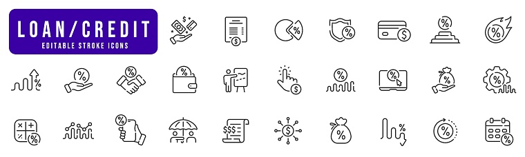 Credit line icon set. Percent, loan, rate, graph, mortgage, increase, low, growth etc. Editable stroke