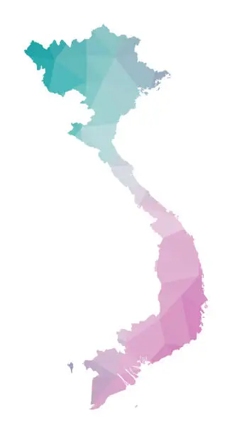 Vector illustration of Polygonal map of Vietnam. Geometric illustration of the country in emerald amethyst colors. Vietnam map in low poly style. Technology, internet, network concept. Vector illustration.