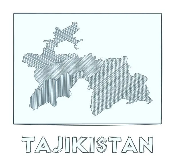 Vector illustration of Sketch map of Tajikistan. Grayscale hand drawn map of the country. Filled regions with hachure stripes. Vector illustration.