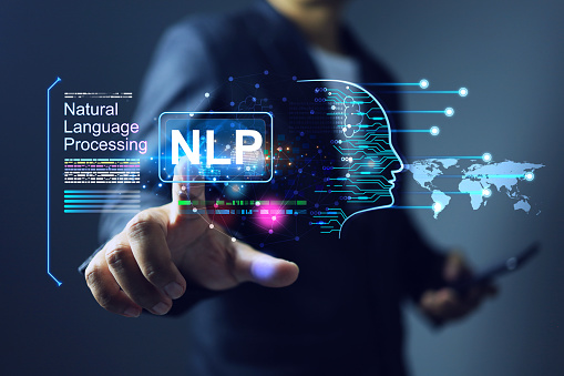 natural language processing NLP concept with businessman touch on computer processor to connecting on user interface