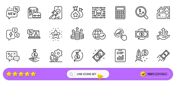 Job, Currency audit and Fast payment line icons for web app. Pack of Money, Report document, Online loan pictogram icons. Bitcoin, World statistics, New signs. Money change. Search bar. Vector
