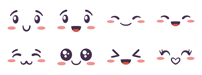 Kawaii face expressing emotion and mood collection. Flat hand drawn vector illustrations set in comic manga or anime style.