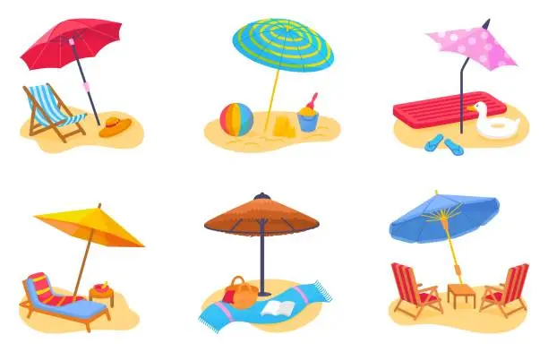 Vector illustration of Beach deck chair and umbrella scenes. Summer vacation, sea travel and rest. Sun protection umbrellas, sand toys and towel, neoteric vector concept