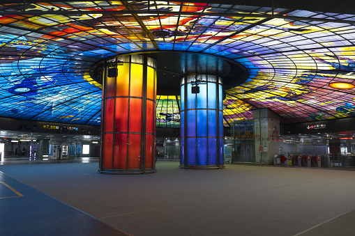 Kaohsiung, Taiwan - Feb 10 2024 : The Dome of Light in Formosa Boulevard station. The world's largest public art installation made from individual pieces of colored glass.