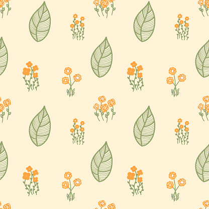 Abstract seamless pattern with bright orange flowers and vintage leaves on beige background. Spring and summer pattern for printing on fabrics and dresses. Packaging paper and scrapbooking design.