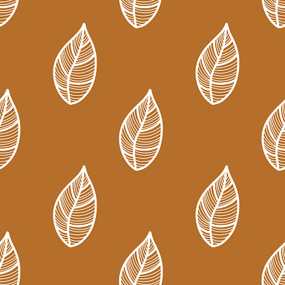 Seamless pattern with vintage leaves for seasonal designs, printing and web use on brown background. Vintage large leaves as element of textiles and clothing design or bedding. Notebook cover.