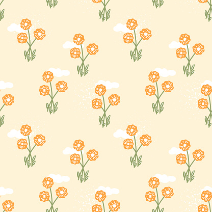 Abstract seamless pattern with bright orange flowers on beige background. Spring and summer pattern for printing on fabrics and dresses. Packaging paper and scrapbooking design.