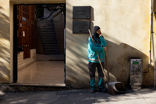 Istanbul, Turkey-February,22: Street cleaner at Istanbul streets