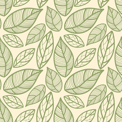 Seamless pattern with vintage leaves for seasonal designs, printing and web use on beige background. Vintage large leaves as element of textiles and clothing design or bedding. Notebook cover.