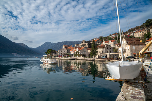 A scenic view of Perast, Montenegro with mountain views near the wonderful Adriatic Sea