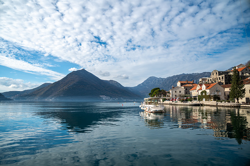 A scenic view of Perast, Montenegro with mountain views near the wonderful Adriatic Sea