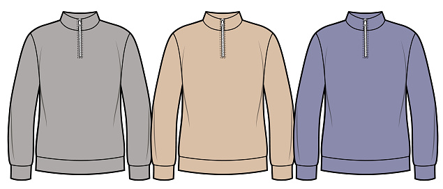 Women's half zip, sweatshirt different colors. Vector sketch