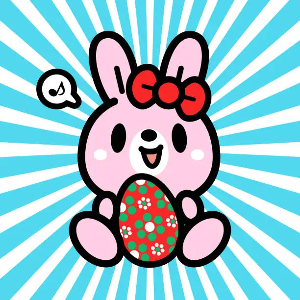 Vector illustration of A Cute Easter Bunny Holding an Easter Egg, Happy Easter Greetings with Sunbeam