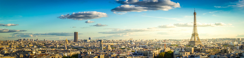 panorama of famous Eiffel Tower and Paris roofs, Paris France