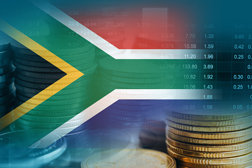 South Africa flag with stock market finance, economy trend graph digital technology.