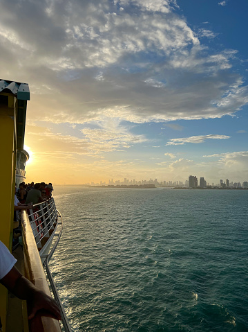cruiser is leaving miami bay at sunset cruise point of view vertical editorial still, Miami, United States, December 2022