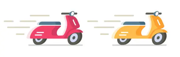 Vector illustration of Motor scooter flat moving icon vector graphic illustration set, red yellow trip simple motorcycle moped quick speed traveling side front 3d view flat cartoon retro vintage image clipart isolated