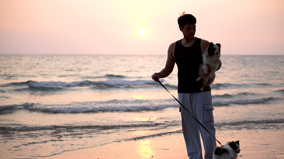 Traveling man with his  dog  on the sea.