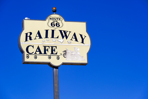 Gallup, New Mexico, United States - September 18, 2023:  Information Signs in Gallup, New Mexico: Railway Cafe, gas and others