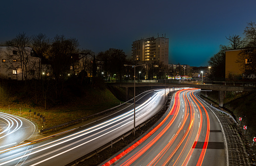 Germany, Berlin, February 27, 2024 - High angle view of light trails on Berlin city highway A100 at night, Berlin Charlottenburg