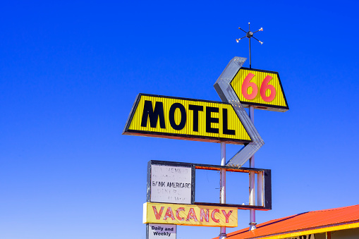 Gallup, New Mexico, United States - September 18, 2023:  Motel 66 information sign in Gallup, New Mexico