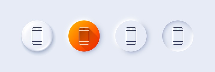 Smartphone icon. Neumorphic, Orange gradient, 3d pin buttons. Cellphone or Phone sign. Communication Mobile device symbol. Line icons. Neumorphic buttons with outline signs. Vector