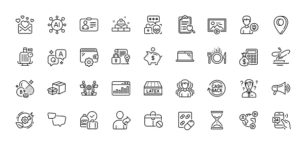 Love mail, 24h service and Capsule pill line icons pack. AI, Question and Answer, Map pin icons. Wallet, Boat fishing, Person idea web icon. Teamwork, Cashback, Food pictogram. Vector