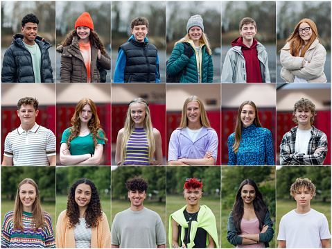 Waist-up headshots of individual teenagers standing outdoors and indoors looking at the camera smiling. They are at a funfair in Newcastle, North East England.