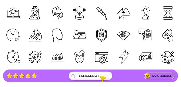 Seo gear, Timer and Chemistry pipette line icons for web app. Pack of Qr code, Education, 24 hours pictogram icons. Capsule pill, Clipboard, Vitamin h signs. Sick man, Bitcoin chart, Head. Vector