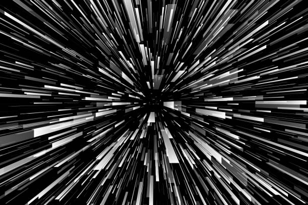 Futuristic black and white technology geometric digital explosion Abstract futuristic black and white technology background with geometric digital explosion. Radial monochrome lines in speed motion effect. High speed wireless big data transmission concept. Vector illustration explosive stock illustrations