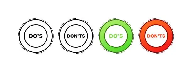 Vector illustration of Dos, Don'ts circle icons. Abstract round Dos and Don'ts buttons. Flat style. Vector icons