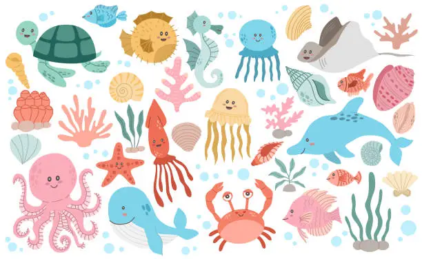 Vector illustration of Set with hand drawn sea life elements. Vector doodle cartoon set of marine life