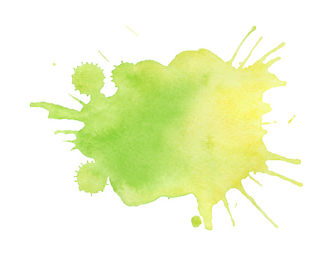 A large abstract watercolor blob in green and yellow shades, hand-drawn. An element for design, decoration with a place for text. Watercolor multicolored spray drops with a gradient.