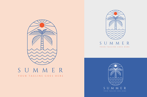 Summer logo design in trendy linear style with palm tree and shining sun vintage design