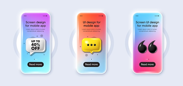 Phone 3d mockup gradient screen. Up to 40 percent off sale. Discount offer price sign. Special offer symbol. Save 40 percentages. Discount tag phone mockup message. 3d chat speech bubble. Vector