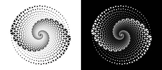 Vector illustration of Abstract background with triangles in circle. Art design spiral as logo or icon. A black figure on a white background and an equally white figure on the black side.