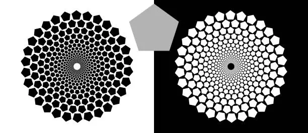 Vector illustration of Halftone background with pentagons in circle form. Design element or icon. Black shape on a white background and the same white shape on the black side.