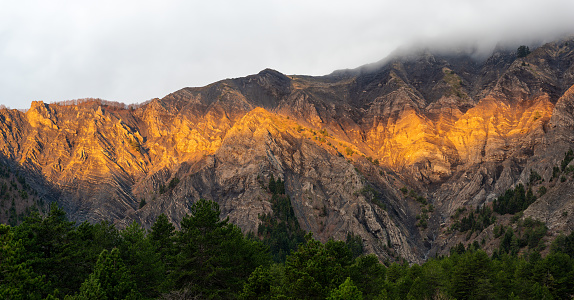 Mountain landscape with sunrise on Mount Gramos near the village of Plikati in northern Greece
