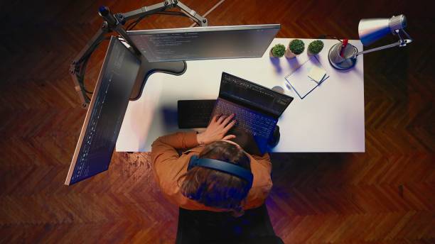 istock It admin using multimonitor PC setup and laptop to finish tasks, aerial shot 2050671944