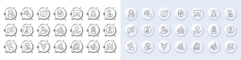 Insurance hand, Support service and Smile chat line icons. White pin 3d buttons, chat bubbles icons. Pack of Teamwork, Person, Meeting icon. Search people, Genders, Nurse pictogram. Vector