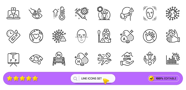 Nurse, Volunteer and Coronavirus line icons for web app. Pack of Do not touch, Donation, Face detection pictogram icons. Vitamin a, Covid virus, Eu close borders signs. Covid test. Search bar. Vector