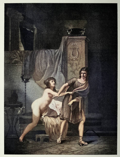 Potiphar's wife trying to seduce Joseph, French early 19th Century Vintage illustration of Potiphar's wife trying to seduce Joseph, French early 19th Century, 1800. Potiphar's wife is a figure in the Hebrew Bible and the Quran. She was the wife of Potiphar, the captain of Pharaoh's guard drawing of the man seducing woman stock illustrations