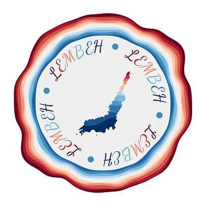 Lembeh badge. Map of the island with beautiful geometric waves and vibrant red blue frame. Vivid round Lembeh logo. Vector illustration.