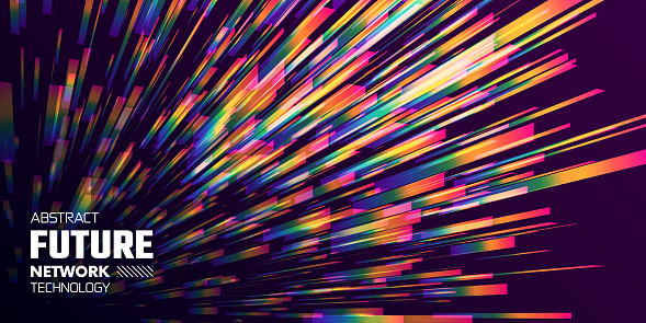 Abstract futuristic technology background with digital data flow visualization for hi-tech and science concept. High speed wireless big data transmission. Rainbow light trails. Vector illustration