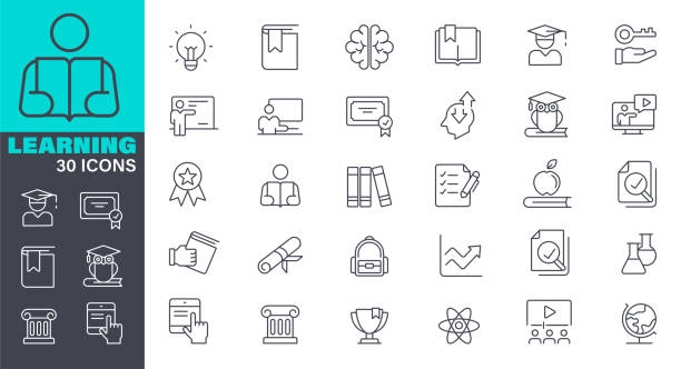 Learning line vector Icon set. Pixel perfect. Editable stroke. The set contains icons: School Building, Education, Teacher stock illustration. Icon Symbol, Teaching, Classroom, High School, University Learning line vector icon set. 30 linear icon. Pixel perfect. Editable outline stroke. The set contains icons: Icon Symbol, Owl, Backpack, Globe, Mathematics, Physics, Medal, Study educational subject stock illustrations