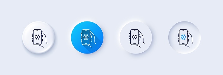 Air conditioning line icon. Neumorphic, Blue gradient, 3d pin buttons. Hand hold phone sign. Cellphone with screen notification symbol. Line icons. Neumorphic buttons with outline signs. Vector