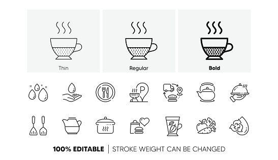 Cooking cutlery, Boiling pan and Food donation line icons. Pack of Water care, Doppio, Water drop icon. Teapot, Supply chain, Grill place pictogram. Vegetables, Food, Milk jug. Mint leaves. Vector