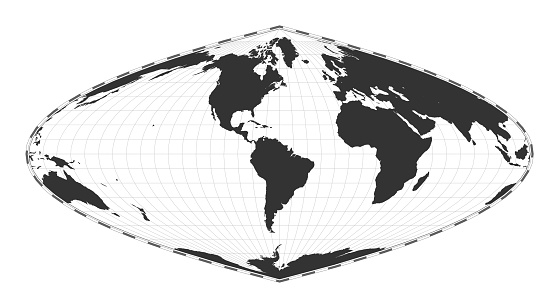 Vector world map. Craster parabolic projection. Plain world geographical map with latitude and longitude lines. Centered to 60deg E longitude. Vector illustration.