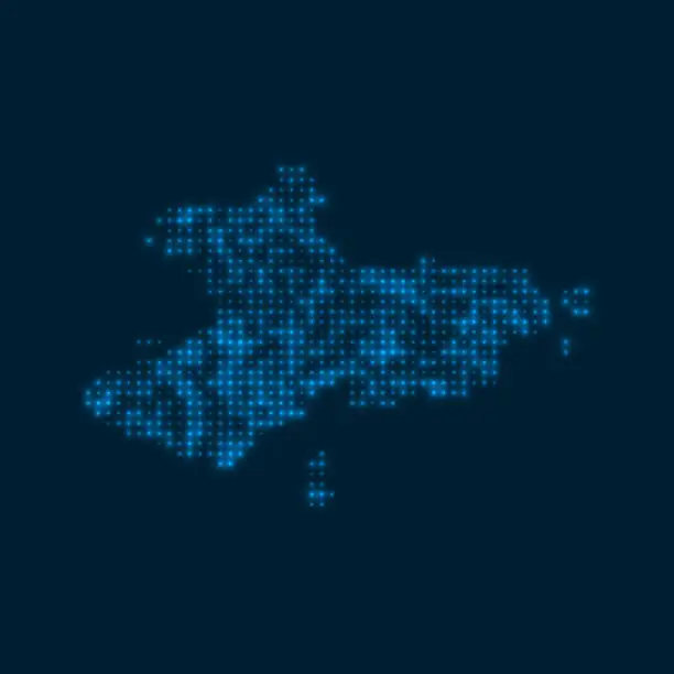 Vector illustration of Union Island dotted glowing map. Shape of the island with blue bright bulbs. Vector illustration.